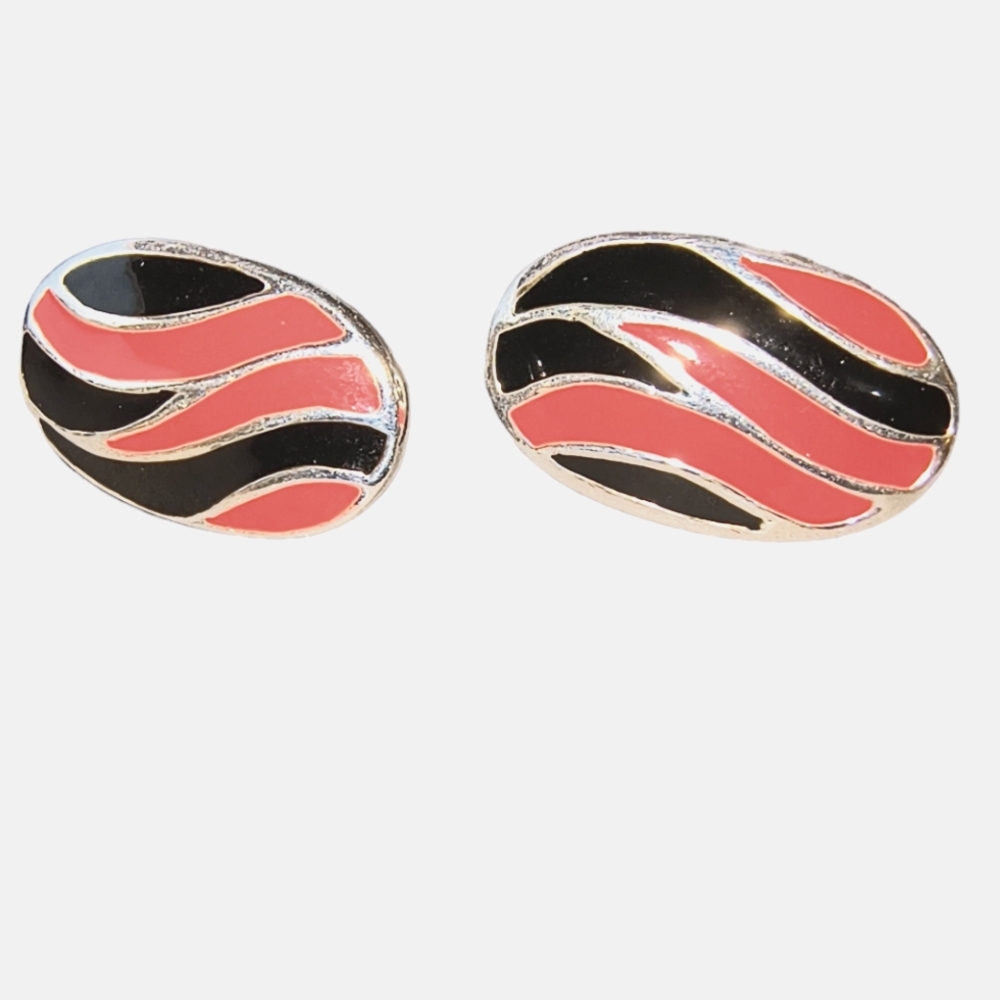 Sterling Silver Enamel Post Earrings in Black And Coral
